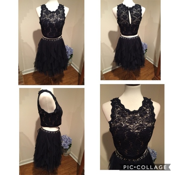 Sequin Hearts Navy 2-pc Lace Prom Dress - Picture 2 of 8